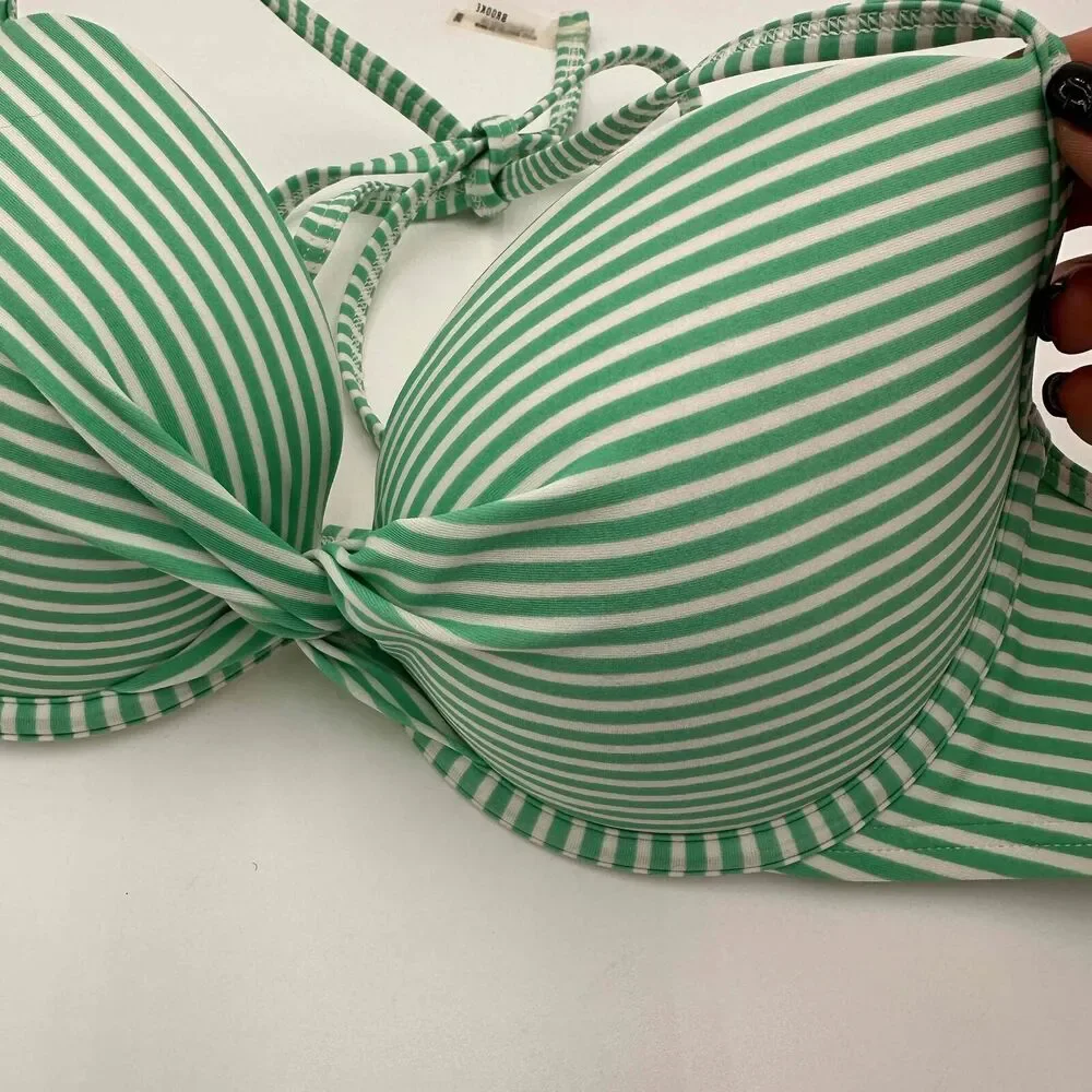 Aerie Green White Striped Brooke Halterneck Swimwear Top Size 36B